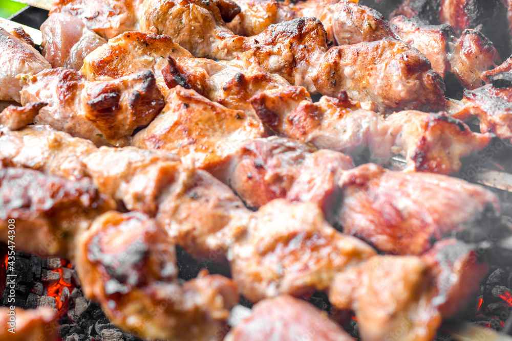 Skewers of pork. Fried pork meat cooked over burning coals. Skewers of pork. Fried pork meat cooked over burning coals.