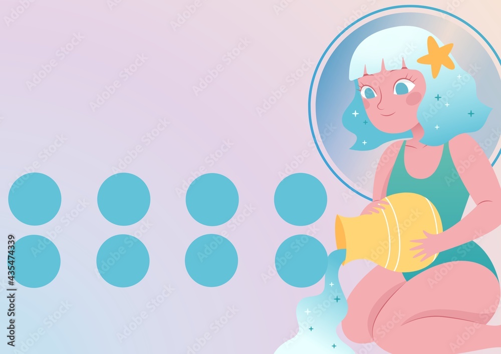 Composition of aquarius figure with eight blue circles on pale pink background Composition of aquarius figure with eight blue circles on pale pink background