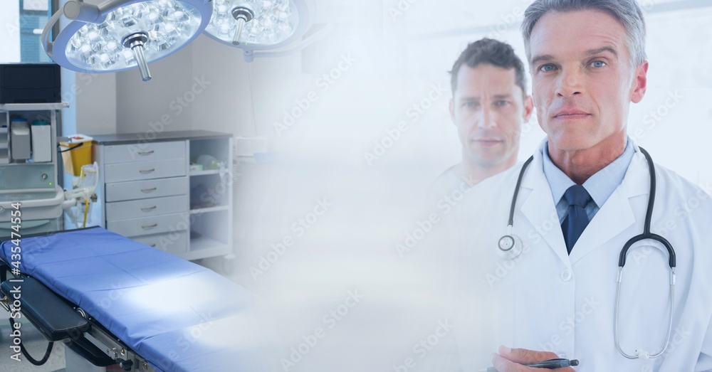 Obraz premium Composition of diverse group of doctors and operating theatre with motion blur