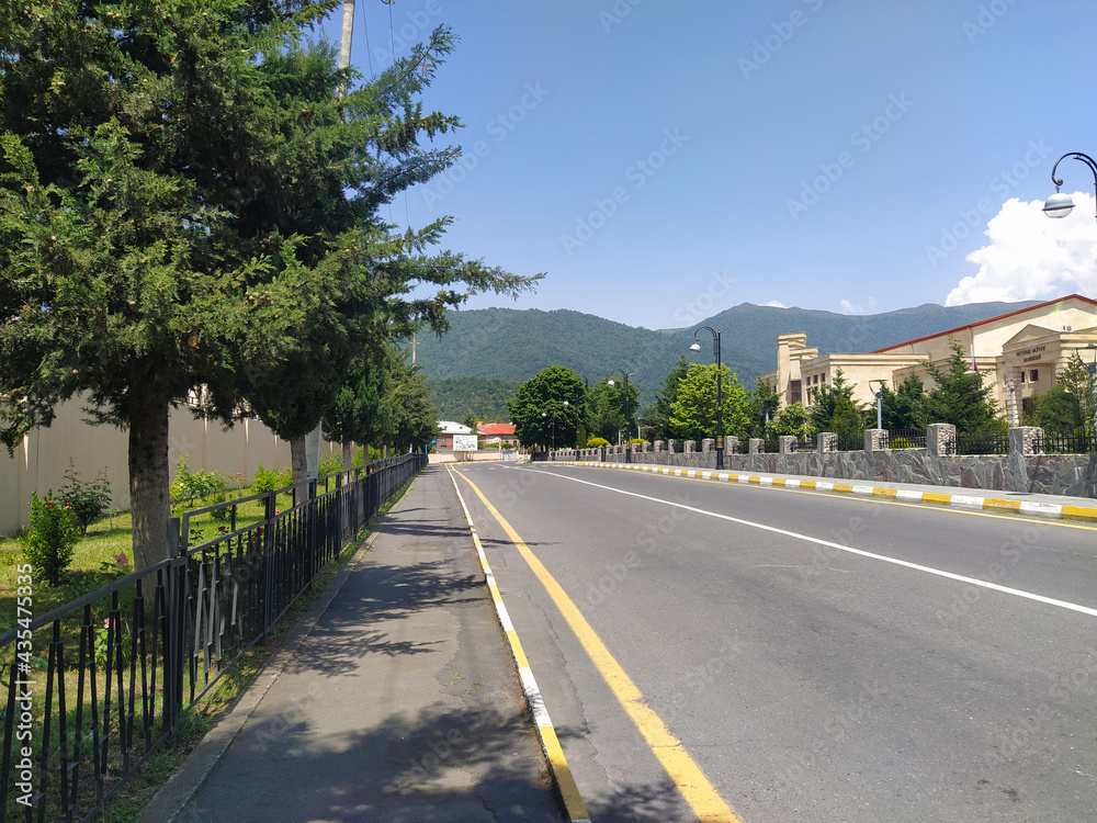 Fototapeta premium Street road scenery in green countryside. Empty road in mountain landscape
