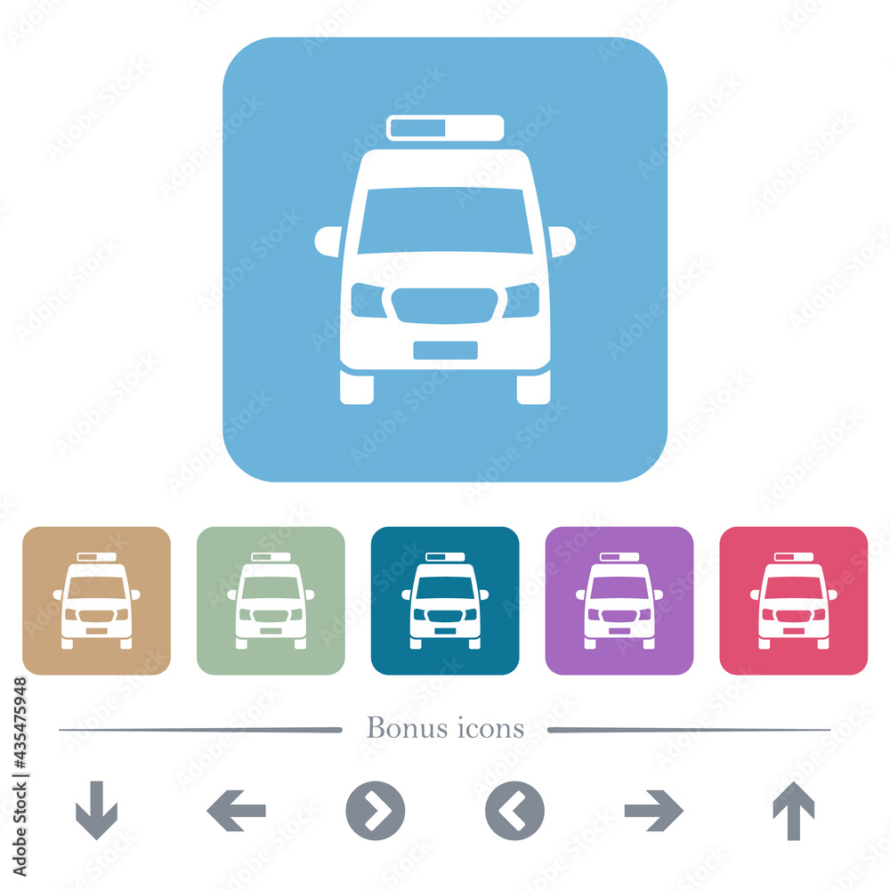 Ambulance car front view flat icons on color rounded square backgrounds Ambulance car front view flat icons on color rounded square backgrounds