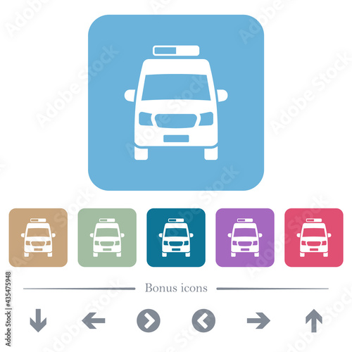 Ambulance car front view flat icons on color rounded square backgrounds