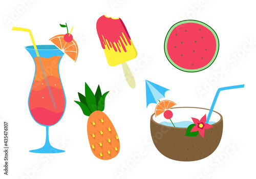 Set of tropical fruits, cocktails and ice cream. Isolated on a white background.