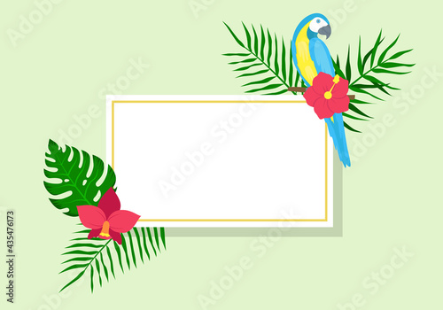 Frame with parrots and palm leaves.