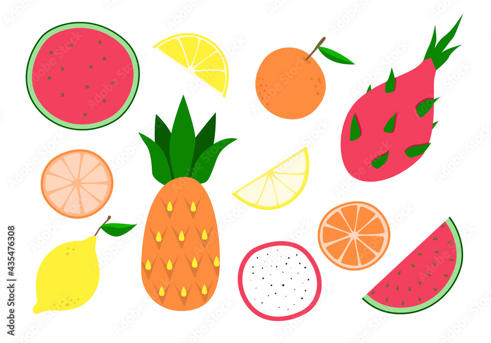 A set of tropical fruits. Isolated on a white background. A set of tropical fruits. Isolated on a white background.