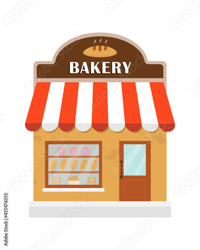 Bakery shop building with bakery products  and signboard. Bakery store, bread, dessert shop, cake. Market, supermarket.