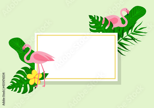 Frame with flamingos and palm leaves.