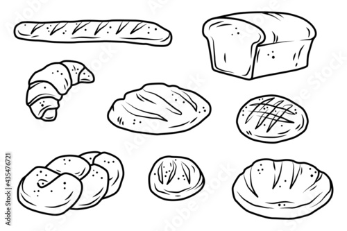 Bakery bread outline vector of rye, whole grain and wheat bread, pretzel, muffin, pita , ciabatta, croissant, bagel, toast bread, french baguette for design menu bakery.
