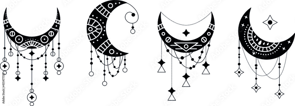 Crescent moon contour symbol linear icons set. Esoteric spiritual ethnic mascots. Zentangle ornament with mandala element. Isolated vector outline illustrations.
 - obrazy, fototapety, plakaty 