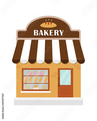 Bakery shop building with bakery products  and signboard. Bakery store, bread, dessert shop, cake. Market, supermarket.