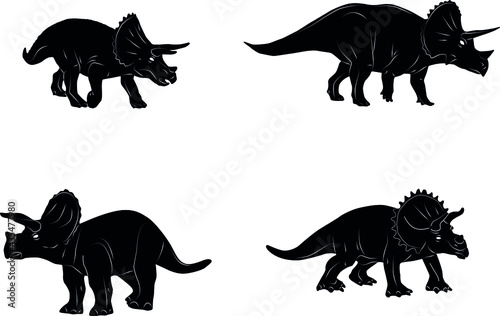 Dinosaur silhouette. Icon Jurassic Monsters T-rex Stegosaurus Triceratops Pterodactyl Spinosaurus Apatosaurus Allosaurus Carnotaurus Ankylosaurus Velociraptor. Vector group set of dino silhouettes.

