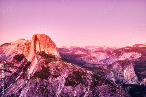 Photography Yosemite Valley and Iconic Half Dome at Dusk with Vibrant Colors, Yosemite Natio