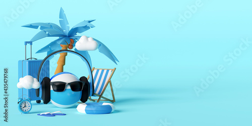 Summer vacation concept, Beach palm tree and travel accessories on blue background, 3d illustration