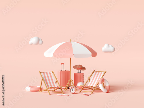 Summer vacation concept, Beach umbrella and travel accessories on pink background, 3d illustration