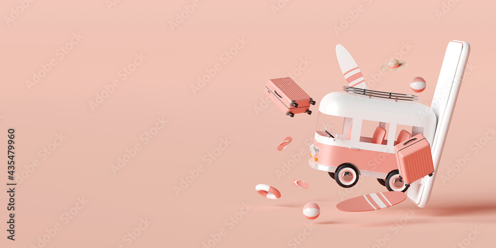 Summer vacation concept, Travel to the beach by van carrying travel accessories on pink background, 3d illustration - obrazy, fototapety, plakaty 