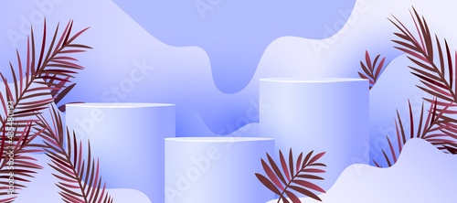 Cosmetic product podium, branding and packaging presentation with green tropical palm leaves, circle balls and soft wave isolated on lilac background. Vector illustration