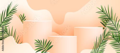 Minimalist modern abstract geometric mockup podium display with fresh palm leaves on a pastel color background