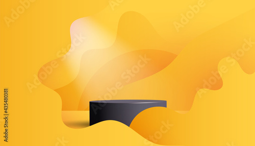 Trendy empty black pedestal display on vivid yellow summer background with soft wave, minimal style.