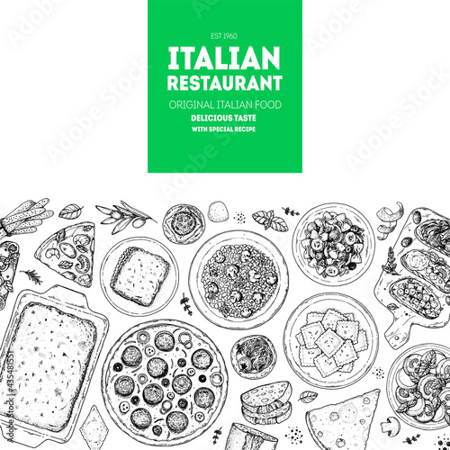 Italian Cuisine Menu. Top view. Sketch illustration. Italian food. Design template. Hand drawn illustration. Black and white. Engraved style. Pasta and pizza, antipasto. Authentic dishes.