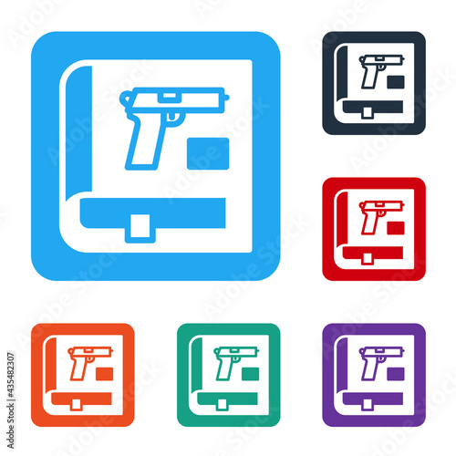 White Book with pistol or gun icon isolated on white background. Police or military handgun. Small firearm. Weapon catalog. Set icons in color square buttons. Vector