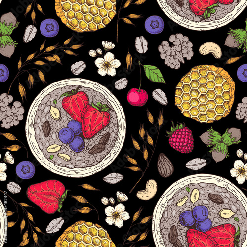 Granola , muesli seamless pattern . Oat flakes and breakfast bowl hand drawn. Granola Breakfast. Muesli food menu design. Hand drawn vector illustration. Granola design, porridge for breakfast