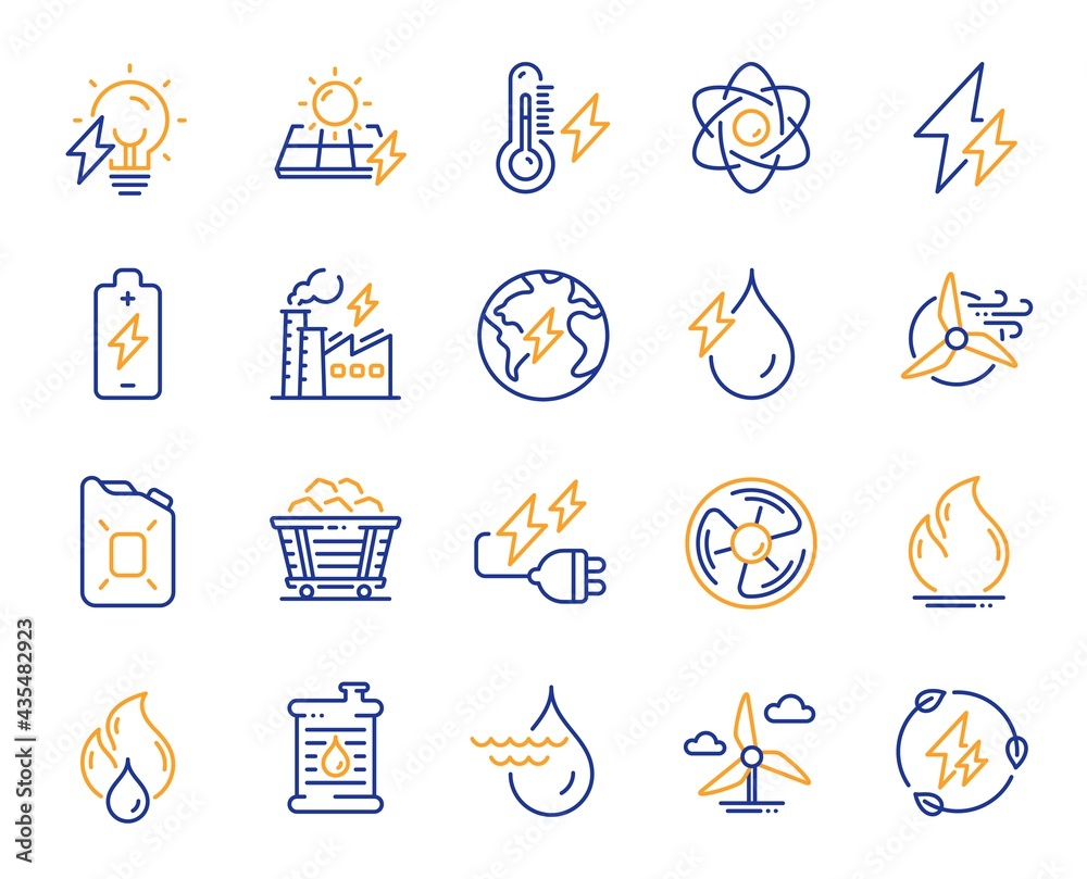 Fototapeta premium Energy types line icons. Coal Trolley, Solar Panels, Hydroelectric Power icons. Sustainable Electricity, Battery Energy, Fuel canister. Windmill power, Coal mine and Hydroelectricity. Vector