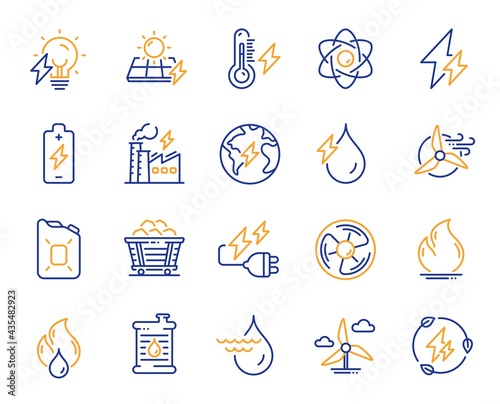Energy types line icons. Coal Trolley, Solar Panels, Hydroelectric Power icons. Sustainable Electricity, Battery Energy, Fuel canister. Windmill power, Coal mine and Hydroelectricity. Vector