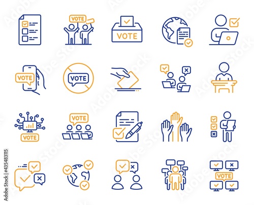 Voting line icons. Public Election, Vote Box, Ballot Paper icons. Candidate, Politics voting and People vote. Government election, Raised hands, Document checklist. Online poll result. Vector