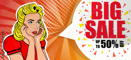 Girl in pop art style surprised by discounts in stores. Blonde. Background. Cartoon. Comic. Vector. Illustration. Sale