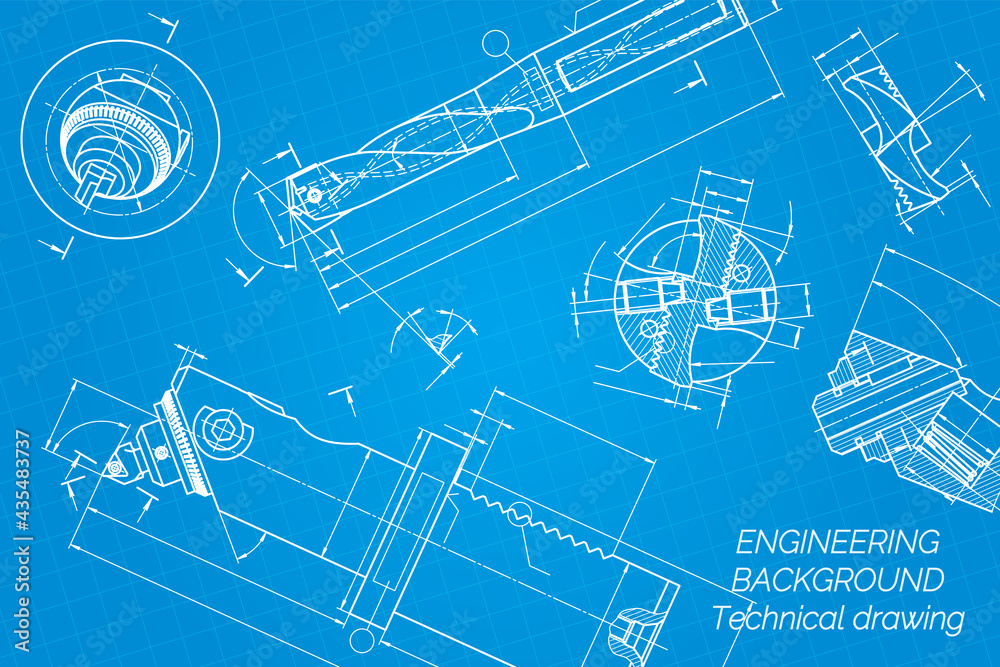 Mechanical engineering drawings on blue background. Drill tools, borer. Boring bar with micrometric adjustment. Broach. Technical Design. Cover. Blueprint. Vector illustration.