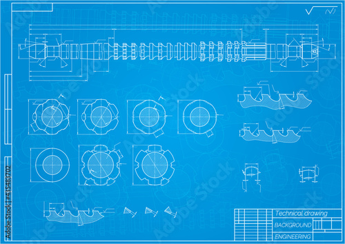 Mechanical engineering drawings on blue background. Broach. Technical Design. Cover. Blueprint. Vector illustration.