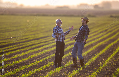 Two happy farmers standing in corn field talking.
