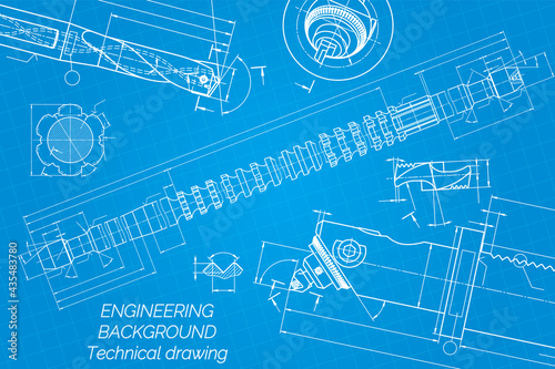 Mechanical engineering drawings on blue background. Drill tools, borer. Boring bar with micrometric adjustment. Broach. Technical Design. Cover. Blueprint. Vector illustration.