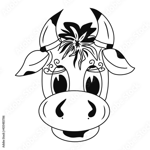 Kind cow. Icon. Black graphic sketch. Idea for decors, logo, covers, holidays, gifts, art. Isolated vector. 