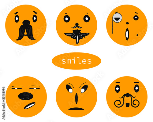 Set of yellow smiles. Collection of icons. Colorful graphic sketch. Idea for decors, logo, covers, holidays, gifts, art. Isolated vector. 