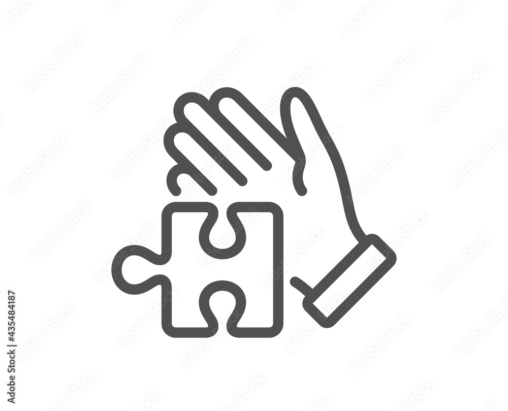 Puzzle line icon. Hand with Jigsaw piece sign. Business challenge symbol. Quality design element. Linear style puzzle icon. Editable stroke. Vector Puzzle line icon. Hand with Jigsaw piece sign. Business challenge symbol. Quality design element. Linear style puzzle icon. Editable stroke. Vector