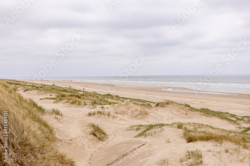 Dutch dune landscape on overcast day with helm grass growing on the tops for firmness and footsteps crossing the landscape with the North sea in the background