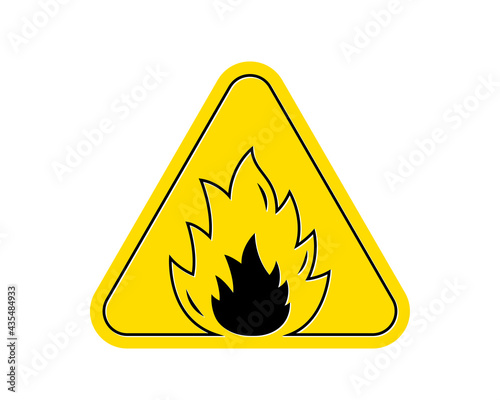 Yellow fire attention icon. Isolated triangle flammable attention sign. Flame alert warning icon. Fire aware yellow icon. Flammable dangerous warn symbol. Attention flame triangle button. Vector