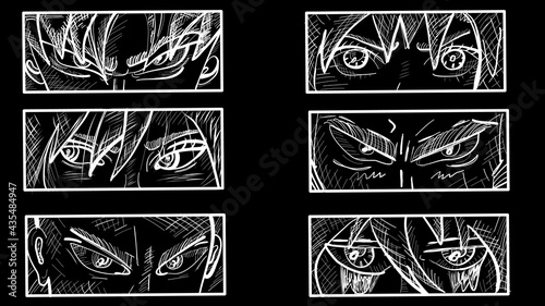 Japanese manga faces. Anime characters. Pre-made prints. Every illustration is isolated. Hand drawn trendy Vector illustration.