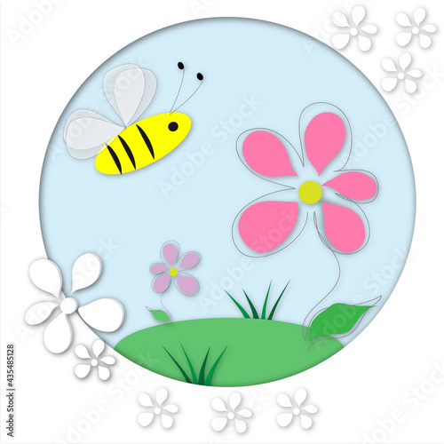 Card with bee and flowers  illustration