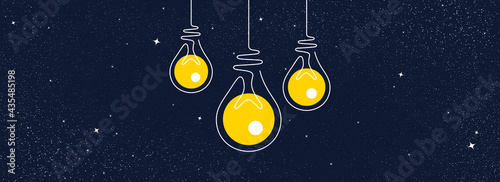 Idea light bulbs icons. Lamp silhouette on night sky background. Continuous line lightbulbs with yellow light. Creative idea sketch on universe stars background. Handdrawn electric bulb. Vector