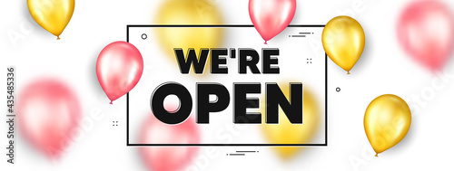 We are open promo flyer. Frame banner with realistic air balloons. Open business, store or restaurant background. Invitation flyer with balloons. Open season event. Vector celebration background.