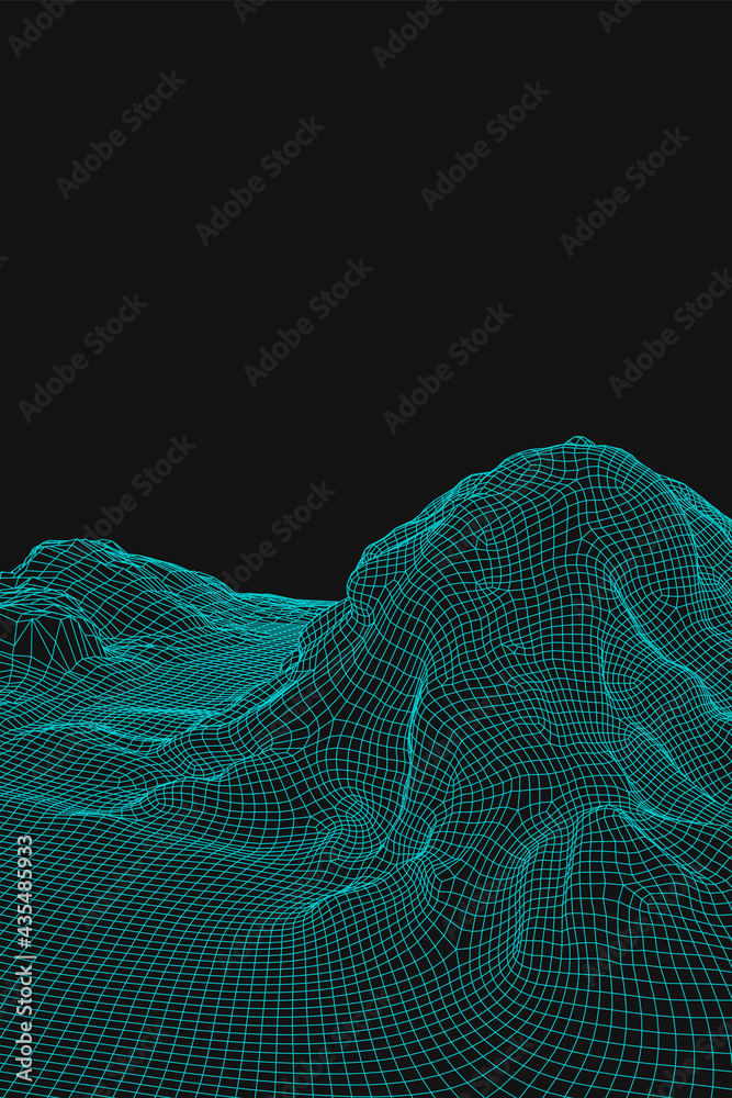 Blue abstract vector wireframe landscape background. 3D futuristic mesh mountains. 80s Retro illustration. Cyberspace technology valleys.