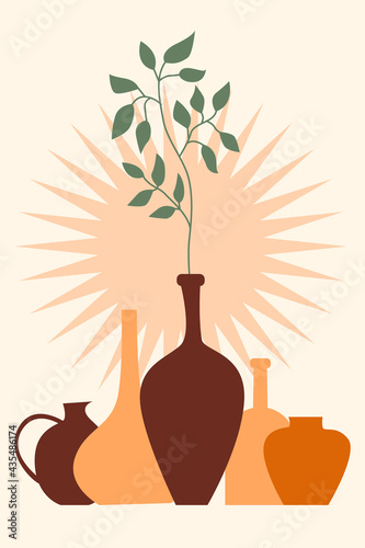Plant, bottle, vase pattern background, Boho minimalist vase illustration for  design nursery wall decor, t shirt print, shop flyer, contemporary poster etc