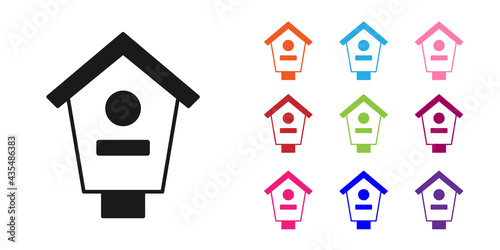 Black Bird house icon isolated on white background. Nesting box birdhouse, homemade building for birds. Set icons colorful. Vector