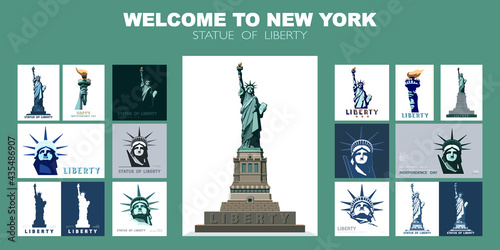 Statue of Liberty set of green design templates. Banner, geometric colorful flat design. Welcome to New York. Booklet, album poster. Ad text name. X-banner. Information banner, vector illustration
