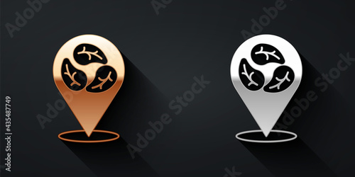 Gold and silver Vegan food diet icon isolated Gold and silver background. Organic, bio, eco symbol. Vegan, no meat, lactose free, healthy, fresh and nonviolent food. Long shadow style. Vector