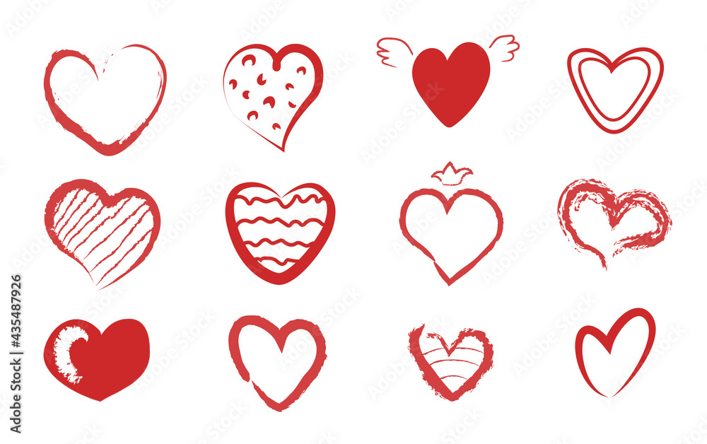 Collection of 12 hearts hand drawn icons set.