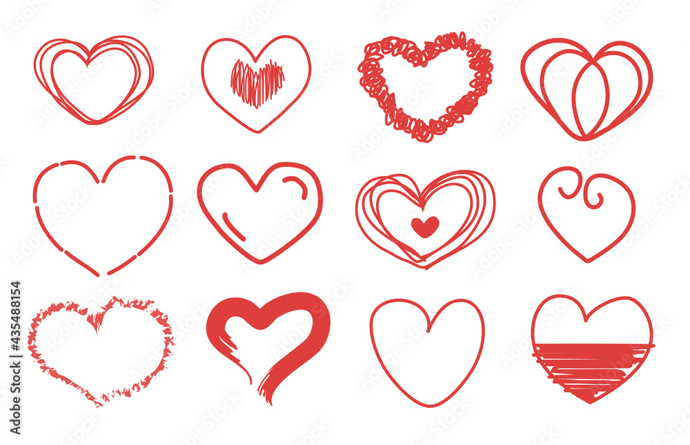 Collection of 12 hearts hand drawn icons set.