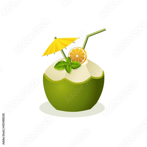 Vector illustration, coconut juice with lemon, mint leaves and umbrella decoration, isolated on white background, as a template for tropical and summer vacation themes.